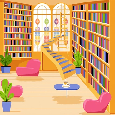 A large library with tall wooden shelves filled with multicolored books. Cozy reading nooks are nestled in various corners, featuring plush armchairs and soft cushions. Some nooks have small round tables with steaming cups of tea placed on them. Warm light filters through stained glass windows, casting colorful patterns on the wooden floor. A spiral staircase winds up to a second level filled with more books and a few ladders leaning against the shelves. Green plants are scattered throughout the library, adding a touch of nature.