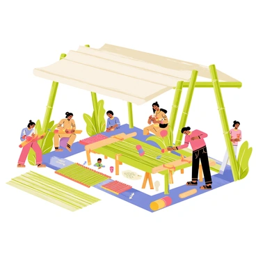 A group of artisans skillfully weaving bamboo crafts under a large shaded canopy. The artisans, wearing traditional clothing, are focused on their work, using various tools for crafting. Surrounding them are unfinished bamboo pieces and colorful finished products, showcasing intricate patterns. The shaded area is adorned with green leaves and wooden poles, providing a natural atmosphere. Sunlight gently filters through the canopy, casting soft shadows on the ground. A few villagers can be seen observing the artisans, highlighting the community's appreciation for their craftsmanship.