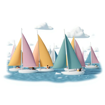 A fleet of vibrant sailboats, each with colorful sails, are cutting through the sparkling blue waters. The boats are in various positions, some with their sails fully extended, catching the wind, while others are leaning to the side as they navigate the course. In the background, a clear sky with a few fluffy clouds adds depth to the scene. The atmosphere is energetic, with sailors visible on the decks, some adjusting the sails and others focused on steering. The shoreline is faintly visible, dotted with spectators cheering for the participants.