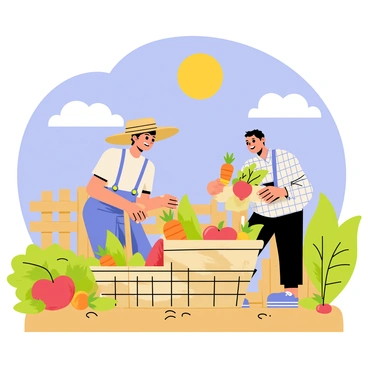 A farm scene under a blue sky with bright yellow sun. There are two farmers, one wearing a straw hat and the other in a plaid shirt, both smiling as they gather fresh vegetables from the ground. They are placing the vegetables, including colorful carrots, green bell peppers, and red tomatoes, into a large wicker basket. Surrounding them are rows of vibrant green plants and a wooden fence in the background. A few fluffy white clouds are scattered across the sky, adding to the cheerful atmosphere.