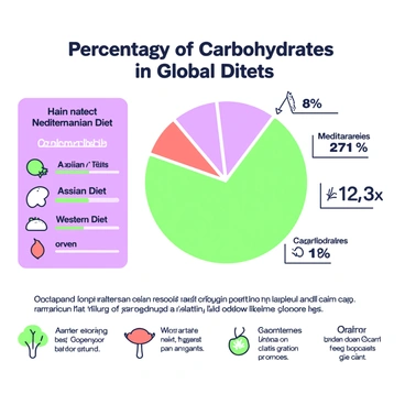 An infographic illustrates the percentage of carbohydrates in various diets around the world. At the top, a title reads "Percentage of Carbohydrates in Global Diets" in bold letters. Below the title, a large circular chart displays different diets, each represented by a slice of the circle. Each slice is labeled with the name of the diet and its corresponding percentage. On the left, an area showcases regional diet examples, such as "Mediterranean Diet," "Asian Diet," and "Western Diet," accompanied by small icons representing typical food items from each region. Arrows point from the icons to the diet names on the chart. At the bottom, additional descriptions provide context about each diet's carbohydrate sources, with images of grains and vegetables featured alongside the text.