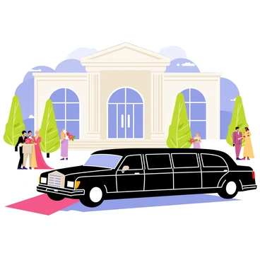 A sleek black limousine with shiny chrome accents is pulling up in front of a grand wedding venue. The venue features tall white columns and large glass doors, adorned with lush floral arrangements. In the foreground, a red carpet leads from the limousine to the entrance, where guests dressed in formal attire are eagerly waiting. Behind the venue, there are elegant trees and decorative lighting that enhance the festive atmosphere. A clear blue sky is visible above, creating a perfect backdrop for the celebration.