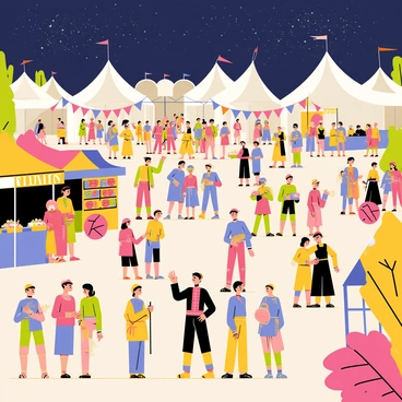 A medieval festival taking place in a bustling village square. Groups of people in brightly colored tunics and dresses are celebrating, engaged in activities such as dancing and playing musical instruments. Stalls adorned with vibrant banners showcase various goods like fresh fruits, handmade crafts, and baked treats. In the background, an array of tents is pitched, with people mingling and enjoying the festivities. Overhead, a sky filled with "colorful star spren" twinkles, casting a magical glow over the scene. Lanterns are hung throughout the square, adding warmth to the festive atmosphere.