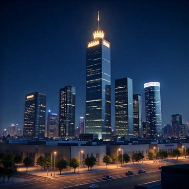 A cityscape featuring a variety of skyscrapers under a night sky filled with stars. The tallest building stands prominently in the center, showcasing a unique crown-like structure on its top that emits a soft, warm glow. Surrounding buildings vary in height and design, with glass facades reflecting the light from the crown and other nearby illuminated structures. The streets below are bustling with tiny dots of moving cars and people, while streetlights cast a gentle light on the sidewalks. The overall atmosphere is lively, with the city clearly alive with activity.