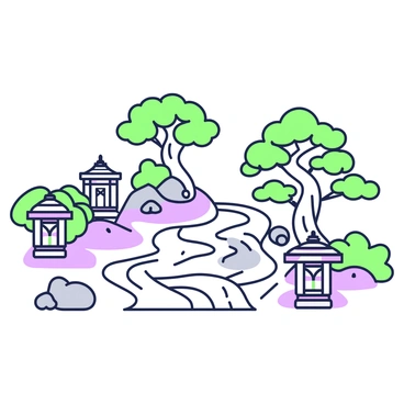 A peaceful zen garden with raked sand, stone lanterns, and bonsai trees.