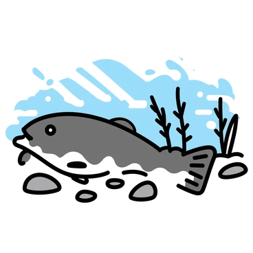 A smallmouth bass, with a dark brown body and lighter spots, is resting near a rocky riverbed. The riverbed is composed of smooth, rounded stones in varying shades of gray and brown. Sunlight filters through the clear water above, creating dappled patterns on the riverbed. The scene includes various aquatic plants swaying gently in the current, adding touches of green to the environment. The overall composition captures the serene interaction between the fish and its natural habitat.