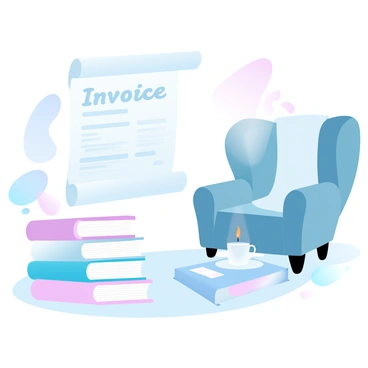 An invoice is displayed on a surface with a clean layout, featuring a detailed illustration of a stack of books beside it. The books are various colors and sizes, with some open to reveal pages. In the background, a cozy reading nook is depicted, showcasing a plush armchair with a soft blanket draped over it. A small side table next to the chair holds a steaming cup of tea and a lit candle. The entire scene is enveloped in gradient pastel colors, enhancing the inviting atmosphere.