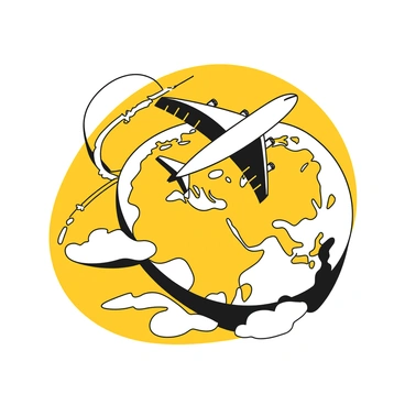 A logo featuring a globe with a detailed world map design. An airplane is depicted flying across the globe, positioned at an angle to show movement. The airplane leaves a stylized trail behind it, illustrating its flight path. The globe is depicted with clear lines indicating continents, while the airplane is illustrated with distinct features to emphasize its shape.