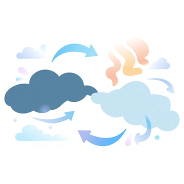 An illustration showcasing "cold" and "warm" weather fronts colliding in the atmosphere. The "cold front" is depicted as a dark blue, thick band of clouds moving in a downward motion, while the "warm front" is shown as a light orange and yellow gradient of wispy clouds rising above. The two fronts are positioned near each other, creating a noticeable boundary where they meet. In the background, there are lighter pastel shades of blue and white representing clear skies contrasting with the turbulent clouds at the front line of the clash. A series of arrows indicate the direction of movement of both fronts.