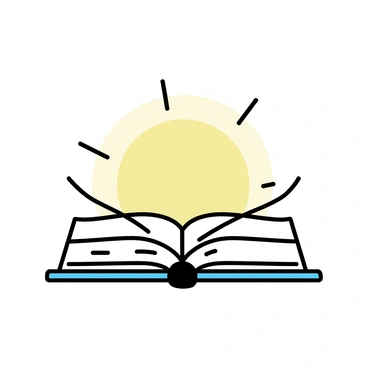An open book lying flat, with several pages visibly flipping upward. The pages are filled with handwritten text and simple line drawings. The background features a soft, minimalistic representation of a sunrise, indicating the start of a new day. The book stands on a plain surface, highlighting the details of the pages. A faint glow surrounds the book, suggesting knowledge and anticipation for the stories and lessons awaiting tomorrow.