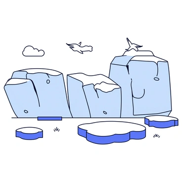 A polar scene featuring large, melting ice caps with visible cracks and pools of water forming on their surface. The ice caps have a bluish tint, reflecting the cold environment. In the foreground, there are patches of snow with small tufts of grass peeking through. The atmosphere is clear, allowing sunlight to shine down and create shadows on the icy terrain. Small, fluffy clouds float in the sky, and a few birds can be seen flying above.