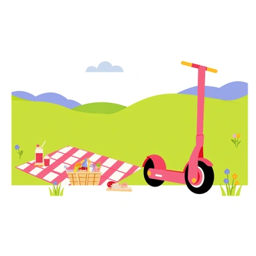 A bright red Segway parked beside a checkered picnic blanket. The blanket is spread out on lush green grass, and there are picnic items scattered across it, including a basket filled with food, plates, and drinks. In the background, rolling hills stretch into the distance under a clear blue sky. A few wildflowers dot the landscape, adding splashes of color to the scene.