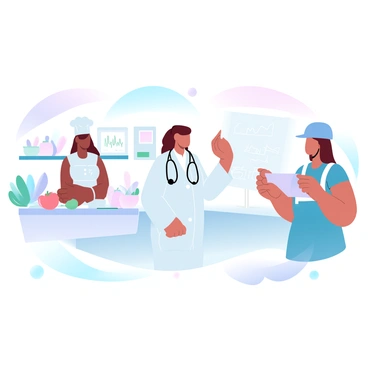 An illustration depicting three women engaged in different professions. The first woman, a chef, is standing in a modern kitchen, wearing a white chef's coat and a chef's hat, surrounded by vibrant cooking utensils and fresh ingredients on the countertop. The second woman, a doctor, is in a medical office, wearing a white lab coat, with a stethoscope around her neck, standing next to a patient examination table and a chart on the wall showing a healthy lifestyle. The third woman, an engineer, is in a construction site, wearing a hard hat and safety vest, reviewing blueprints while construction machinery is visible in the background. Each woman is confidently focused on her task, showcasing her expertise in her field.
