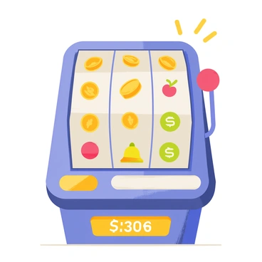 A slot machine with a shiny metallic exterior and colorful spinning reels. The reels display vibrant symbols of golden coins and bright green dollar signs. A lever on the side of the machine is pulled down, while cherry and bell icons are also visible among the spinning symbols. The machine features a digital display panel at the bottom, showing a bright number indicating how many credits are available. Bright lights surround the machine, giving it an eye-catching appearance.