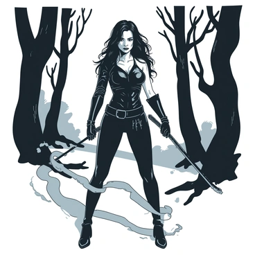 A fierce vampire huntress stands confidently in a misty forest, her dark hair cascading down her back. She is dressed in a tight-fitting black leather outfit that accentuates her athletic build, with silver accents that catch the faint light. In her right hand, she wields a long, intricately designed whip that coils around her forearm, ready for action. The mist swirls around her feet, creating an ethereal atmosphere as trees loom in the background, their twisted branches reaching out like skeletal fingers. Her intense gaze is fixed ahead, reflecting determination and strength, as she prepares for the impending battle against dark forces.
