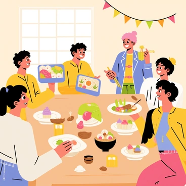 A vibrant gathering of friends around a large wooden table laden with an assortment of homemade dishes. Each friend has a unique appearance, showcasing different hairstyles and outfits. One friend is joyfully presenting a colorful bento box filled with rice, vegetables, and sushi. Another friend is serving a steaming bowl of ramen, with chopsticks in hand. A third friend is holding a dessert tray filled with beautifully decorated cupcakes and mochi. The background features a cozy room decorated with string lights and banners, adding to the festive atmosphere. Everyone is smiling and engaging in lively conversation, making the gathering feel warm and inviting.