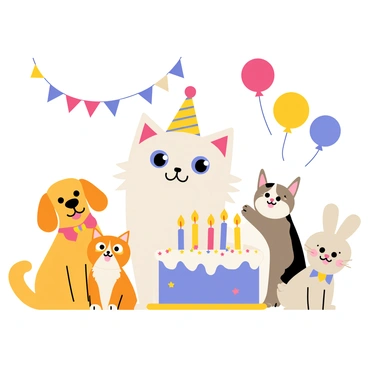A fluffy ragdoll cat with blue eyes is sitting in front of a colorful birthday cake adorned with lit candles. The cake is topped with white frosting and sprinkles. Vibrant balloons in various colors, including red, blue, and yellow, float around the scene. The ragdoll is wearing a small party hat decorated with stars. Surrounding the cat are several friends, including a cheerful golden retriever, a playful tabby cat, and a curious bunny, all looking excited. The atmosphere is festive, with party streamers hanging in the background.