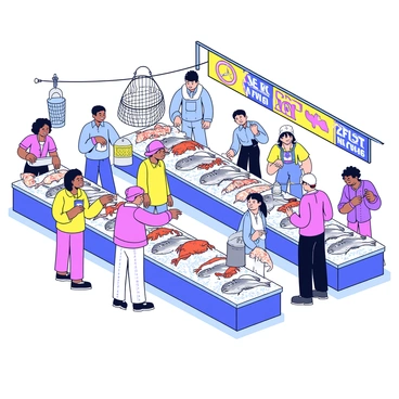 A bustling fish market filled with activity. Vendors are lined up, showcasing a variety of fresh seafood, including shiny fish, crabs, and shrimp, all displayed on beds of crushed ice. Each vendor has their own section with colorful signage indicating the types of seafood available. Customers are interacting with the vendors, some pointing at the seafood while others are holding bags or baskets. The floor is slightly wet, highlighting the freshness of the products. Various fishing nets and tools can be seen in the background, adding to the market atmosphere.
