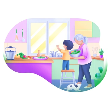 A bright, cheerful kitchen filled with sunlight streaming through a large window. In the center, a child with curly hair is standing on a sturdy step stool, closely following instructions from their grandmother. The grandmother, with silver hair tied back, is holding a mixing bowl filled with colorful ingredients. On the counter, there are various cooking utensils, including a wooden spoon, measuring cups, and a colorful array of fruits and vegetables. A playful cat is sitting on the floor, curiously watching the cooking process. The walls of the kitchen are painted in pastel colors, creating a warm and inviting atmosphere.