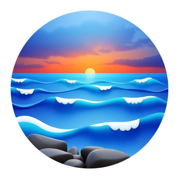 A 3D icon of an expansive seascape featuring waves crashing against the rocky shore. The waves are depicted with dynamic motion, showcasing white foam at their crests. Above the horizon, a dramatic sky displays a gradient of colors transitioning from deep blue to vibrant orange, suggesting a sunset. The horizon line separates the sea and sky, creating a striking visual contrast.