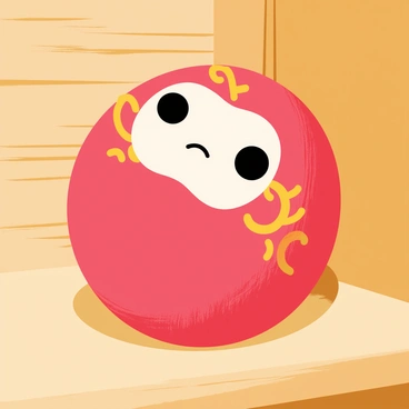 A classic red daruma doll with a round shape, featuring a painted face with one eye colored in black. The doll is adorned with intricate gold patterns and has a small, serene expression. It is placed on a smooth, polished wooden shelf that exhibits natural grain patterns. Soft light casts gentle shadows around the doll, highlighting its vibrant color against the warm wood.