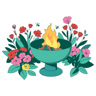 A teal fire pit is set in the center of a blooming garden. The fire pit is surrounded by various colorful flowers in shades of red, yellow, and pink, creating a vibrant scene. Buzzing bees are hovering around the flowers, collecting nectar. The lush green foliage adds depth to the garden, with sunlight filtering through the leaves, illuminating the colorful blossoms and casting soft shadows around the fire pit.