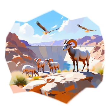 A scene exhibiting desert wildlife, featuring a group of bighorn sheep grazing on rocky terrain, their thick, curved horns prominent. In the distance, several majestic eagles are soaring in the bright blue sky. The iconic Hoover Dam can be seen nearby, with its massive concrete structure contrasting against the rugged landscape. The Colorado River flows along the base of the dam, its shimmering blue waters reflecting the sunlight. The arid desert vegetation includes sparse shrubs and cacti scattered throughout the scenery.