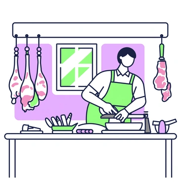 Inside a traditional butcher's workshop, there are various beef cuts hanging from hooks on the wall. The room is filled with wooden surfaces, including a large countertop where a butcher is working. The butcher, wearing an apron, is skillfully cutting a piece of meat with a sharp knife. Nearby, there are several hanging cured meats, with their rich textures clearly visible. A set of traditional tools, such as a cleaver and sausages, are arranged neatly on the countertop, adding to the workshop's authentic atmosphere. Natural light filters in through a small window, illuminating the space.