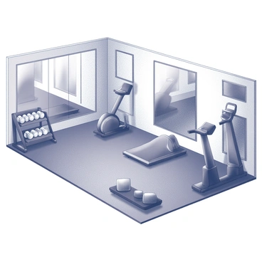 The interior of a gymnasium featuring a rubberized floor with a textured surface. Various workout equipment is visible, including a set of dumbbells arranged neatly on a rack, a treadmill positioned against the wall, and a stationary bike located nearby. The space is well-lit, highlighting the equipment and the floor's surface. There are also exercise mats placed in a designated area for stretching or bodyweight exercises. Wall-mounted mirrors reflect the gym environment, enhancing the overall sense of space.