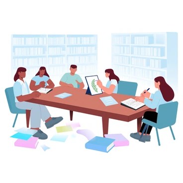 A group of students is seated at a long wooden table in a library filled with shelves of books. The shelves are lined with numerous volumes on "biological illustration techniques." Each student has a sketchbook open in front of them, with one student intently drawing a detailed illustration of a plant. Another student is flipping through a book, while a third is taking notes on a notepad. Soft light filters through tall windows, casting gentle shadows across the room. Several colorful stacked books are scattered across the table, adding vibrancy to the scene.