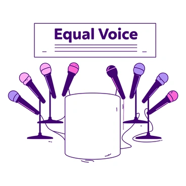 A white podium stands at the center of the image, surrounded by multiple microphones of different colors, each representing a different gender. The microphones are arranged evenly around the podium, symbolizing equality and diversity. Above the podium, there is a backdrop featuring the phrase "Equal Voice" in bold letters, emphasizing the theme of inclusivity. The setting is well-lit, highlighting the significance of the podium and the microphones.