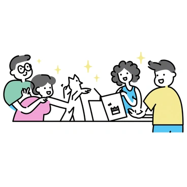 A group of four people gathered around a table, all laughing together. One person, a man with glasses wearing a green t-shirt, is standing and drawing on a large pad. The drawing is a simple, humorous depiction of a cat wearing a hat. A woman with curly hair, wearing a blue tank top, is pointing at the drawing with a big smile. Another woman, dressed in a red dress, is leaning forward, resting her chin on her hands and laughing. A man with short hair, wearing a yellow shirt, is clapping his hands in delight. The atmosphere is energetic and filled with joy.