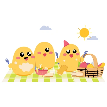 A cartoon family of fried eggs with large, expressive eyes and bright smiles is enjoying a picnic on a green checkered blanket. Each egg has a slightly different personality, with one wearing a tiny red hat and another holding a small fork. Surrounding them are colorful picnic items, including a basket filled with fruits, a pitcher of lemonade, and some sandwiches. The sunny sky above adds a cheerful atmosphere, with fluffy clouds drifting by. The scene captures their joyful interaction, as they share food and laughter together.