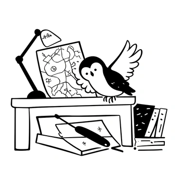 A baby owl perched on a wooden desk, with its wings slightly spread as it leans over a detailed map. The map is intricately illustrated with various geographical features and markings. Beside the owl, an open notebook with scribbled notes and a quill pen lies on the desk. A small stack of books is placed nearby, adding to the scholarly atmosphere. A lamp with a classic design casts soft light over the scene, illuminating the focused posture of the owl as it studies intently.