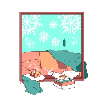 A frosty window with intricate ice patterns covers the glass, creating a delicate lace-like appearance. Behind the window, a warm and inviting room is visible. There is a soft orange couch with fluffy cushions positioned near a small white table. On the table, a steaming white mug rests beside a stack of orange books. A teal throw blanket drapes over the arm of the couch, adding to the cozy atmosphere. The warm glow of a teal lamp illuminates the room, contrasting beautifully with the frosty exterior.