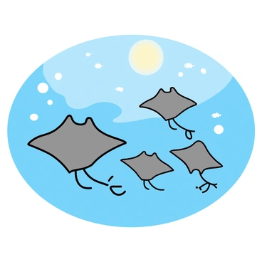 A group of five stingrays swimming together in a formation, gliding gracefully through a clear blue ocean. Each stingray has a broad, flat body and long, slender tails. The sun's rays penetrate the water, illuminating their smooth, gray skin. Bubbles trail behind them as they move effortlessly through the water, surrounded by a few small fish swimming nearby.