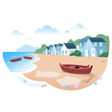 A quaint fishing village by the sea is depicted with small wooden boats resting on the shore. Several fishing nets are spread out on the ground, drying under the bright sun. The village features charming, simple houses with colorful facades lining the coast. Gentle waves lap against the sandy beach, and seagulls can be seen flying in the clear blue sky above. A few fishing gear items are scattered around, adding to the bustling atmosphere of the scene.