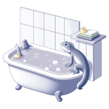 A crested gecko is resting on the edge of a small, filled bathtub. The gecko's distinct crest is prominent as it lounges comfortably. The bathroom features patterned tiles and various bathroom accessories, including a rubber duck and a stack of colorful towels on a nearby shelf. Soft bubbles are floating in the water, creating a playful atmosphere. The scene is bright and inviting, emphasizing the relaxed pose of the gecko amidst the cheerful decor.