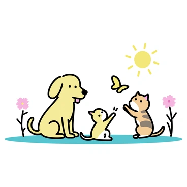 A playful golden retriever puppy with a shiny coat is sitting on the grass, wagging its tail. Next to the puppy is a small tabby kitten, with soft orange and brown stripes, playfully batting at a butterfly. The sun is shining brightly, illuminating the scene and casting soft shadows on the ground. In the background, there are a few colorful flowers blooming, adding a cheerful touch to the setting. The puppy and kitten are engaging with each other, showcasing their playful spirit and the joy of their day.