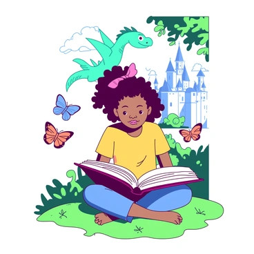 Tracy Beaker is sitting cross-legged on a grassy patch, deeply engrossed in a large, colorful fairy tale book held open in her lap. She has dark, curly hair tied back with a bright pink ribbon, and she is wearing a yellow t-shirt and blue jeans. As she reads, vibrant illustrations are coming to life around her; a teal dragon is playfully swooping down from a cloud above, while a white castle stands majestically in the background. Nearby, a group of colorful butterflies in shades of orange and blue flutters around, adding a sense of whimsy to the scene. The sunlight filters through the leaves of overhead trees, casting gentle patterns on the ground.