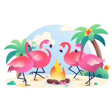 A group of five flamingos with vibrant pink feathers are dancing in a circle around a small fire. The fire is crackling with orange and yellow flames, casting a warm glow on the surrounding area. The tropical setting is lush with green palm trees and colorful flowers in shades of red and yellow. The ground is covered with soft sand, and a few tropical leaves are scattered around. The flamingos have their wings spread out gracefully, and some are playfully dipping their heads as they dance. In the background, a bright blue sky is visible, dotted with a few fluffy white clouds.