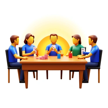 A group of players gathered around a wooden poker table. Each player has a focused expression, known as a "poker face." The sunlight is rising in the background, casting a warm glow on the scene. The players are holding various playing cards in their hands, and stacks of poker chips are visible on the table. The atmosphere suggests anticipation and concentration among the players.