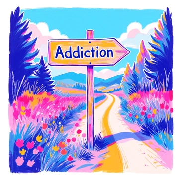 A road sign is positioned at a crossroads, prominently displaying two distinct arrows. One arrow labeled "Addiction" points towards a dark, winding path that fades into shadowy trees, giving off a sense of despair. The other arrow labeled "Recovery" points to a brighter, straight path that is lined with colorful flowers and trees that burst with life. The sign itself is wooden, weathered, and rustic, contrasting with the vibrant scenery surrounding it. The crossroads is depicted with a clear blue sky above, casting light on both paths.