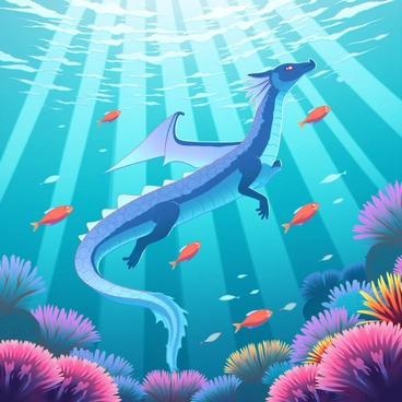 A sleek aquatic dragon with iridescent scales gliding gracefully through a vibrant coral reef. Its elongated body is adorned with intricate patterns that shimmer in the light. Surrounding the dragon are schools of colorful fish, each displaying bright hues of orange, blue, and yellow. The coral reef is rich with diverse coral formations and anemones, creating a bustling underwater landscape filled with life. Sunlight filters through the water, casting dynamic patterns on the ocean floor.