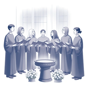 A choir stands together in a church, dressed in long, flowing robes. They are positioned in rows, each member holding a hymn book. Their mouths are open in song, projecting harmonious melodies that fill the sacred space. In the foreground, an ornate baptismal font is visible, surrounded by decorative floral arrangements. Soft light filters through stained glass windows, illuminating the scene and creating a reverent atmosphere. The architecture of the church features high ceilings and intricate details, enhancing the sense of tradition and solemnity.