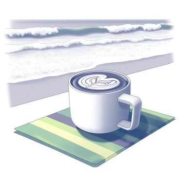 A latte in a white ceramic cup, placed on a striped beach towel. The beach towel features a vibrant pattern, with shades of green and yellow. In the background, the ocean waves gently lap against the shore, creating a rhythmic motion. The scene captures the essence of a relaxed beach atmosphere, with the sun casting soft shadows on the towel. Finely detailed foam art is visible on top of the latte, showcasing intricate designs in the creamy surface.