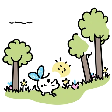 A small, magical creature with iridescent wings is resting in a sunlit meadow. The creature has delicate features and a soft, glowing aura. The meadow is filled with vibrant green grass and colorful wildflowers. Surrounding the meadow are tall forest trees with thick trunks and lush foliage. Sunlight filters through the leaves, casting gentle shadows on the ground. The scene conveys a tranquil and enchanting atmosphere.
