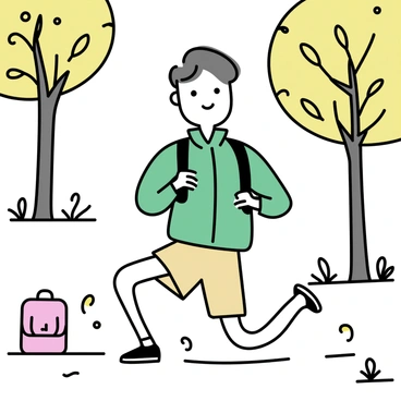 An explorer, wearing a green jacket and khaki shorts, is doing lunges on a dirt path in a nature trail. He has a backpack resting on the ground beside him. Surrounding him are tall trees with green leaves and small wildflowers along the sides of the path. The explorer has an expression of concentration on his face as he stretches his legs. Sunlight filters through the branches, casting soft shadows on the ground.