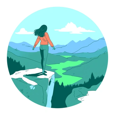 A teal woman stands confidently at the edge of a rocky mountain peak, her arms resting at her sides. She is wearing a fitted orange jacket that flutters slightly in the breeze. Her long hair flows behind her, catching the sunlight. Below, a breathtaking view of green valleys and distant blue mountains stretches out towards the horizon. The sky above is clear with a few wispy clouds. The scene captures a moment of tranquility and awe at nature's vast beauty.