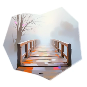 A wooden bridge extends into a thick layer of fog, the planks weathered and faded from years of use. The fog envelops the bridge as it stretches out towards an indistinct horizon, creating an atmosphere of mystery. The surrounding trees are partially visible, their silhouettes blurred by the dense mist. The scene conveys a sense of quiet solitude, with the bridge symbolizing a journey into the unknown. The muted colors of the fog and bridge enhance the feeling of being enveloped in an ethereal realm.